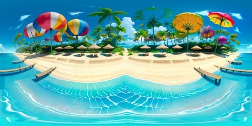 VR360 masterpiece in ultra-high resolution, back view of swimwear, powdery beach underfoot. Colorful beach umbrellas dotting the sandy expanse. VR360 horizon where turquoise ocean meets pastel sky, soft gradient sunset hues. Style: hyperrealistic digital painting.