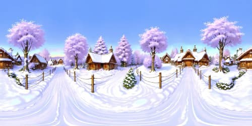 Masterpiece quality, ultra high-res VR360 view, chill ambiance, serene winter wonderland, frosted trees bordering scene, wispy snowflakes, twinkling ice crystals. Style: Realism.