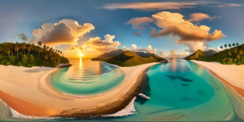 An idyllic, pristine tropical beach with sugar-fine ivory sands, crystal turquoise waters lapping gently, vibrant coral reefs visible beneath the surface, palm trees casting elongated shadows in the golden light of a flawless sunset, every grain of sand and ripple in the water meticulously detailed in ultra high resolution.