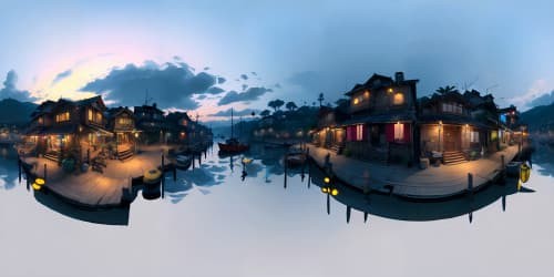 fishing village by the bay at night with neon lanterns