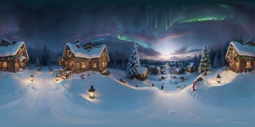 Masterpiece quality, ultra high-res Christmas VR360 view, North Pole panorama, twinkling northern lights, snow-blanketed pine forest. Pixar-style reindeers, candy cane grove, gingerbread houses. VR360, Christmas Star brilliance, radiating warmth, shimmering icicle details.