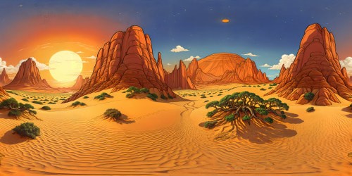 An otherworldly, alien desert landscape under a blazing golden sun, featuring towering sand dunes, sharp rock formations, sizzling heatwaves, flawless details, ultra high-resolution quality.