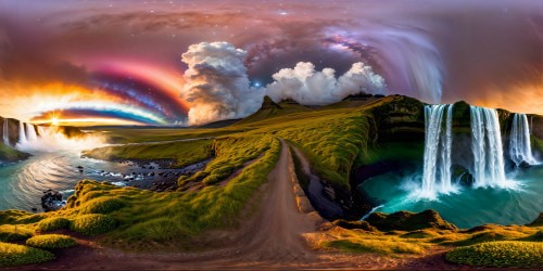 An awe-inspiring, flawlessly detailed digital masterpiece capturing a surreal alien landscape with cascading waterfalls, luminescent flora, towering crystalline formations, swirling nebula clouds, and a cosmic horizon painted in vivid hues; a true ultra-high resolution test of your visual senses.