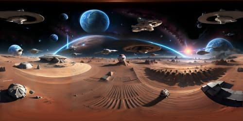 Star Wars-inspired galactic panorama, VR360 view of iconic spaceships and planets. Nebulous clouds, glistening stars, expansive cosmos backdrop. Ultra high-res, masterpiece quality. Deft blend of realism and iconic digital artistry, a VR360 spectacle in Star Wars universe.