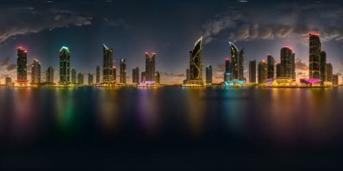 VR360 digital realism, ultra-high resolution, shimmering city lights, Miami Beach florida skyline at night, riverside reflections on water. Overarching darkness, masterpiece quality, VR360 vividness amplified.