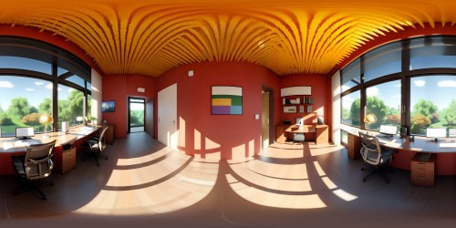 Photorealistic cozy office, VR360 masterpiece, warm ambient lighting, Brazilian rosewood desk, window panorama showcasing a verdant park, VR360 view of towering trees, verdant, autumn-themed, ultra high res parkland, reflecting sunlight off polished office furniture.