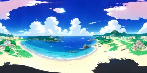 VR360 view of tropical island, One Piece style, anime-inspired flora, expansive azure sea. Skylines dominated by fluffy cumulus, warm hues of sunset. VR360, high-definition, detailed textures, masterful artistry.