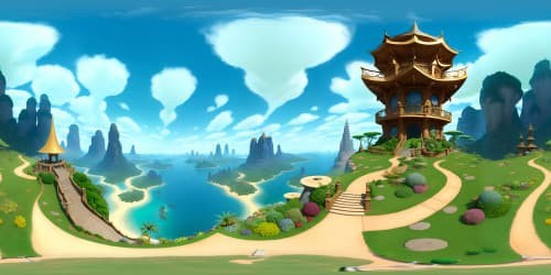 Masterpiece quality, ultra-high resolution VR360, pagoda, intricate woodwork, gold accents, lush surrounding gardens, VR360, towering against wispy-cloud backdrop, Pixar-style details, serene, tranquil