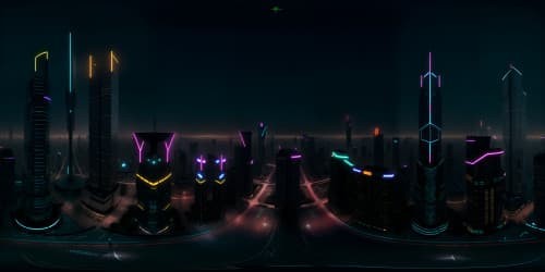 VR360 night cityscape masterpiece, ultra high-res, gleaming neon grid, skyscrapers sculpting the stars above. Water surface reflections, twinkling skyline panorama in VR360, film noir chiaroscuro, maze-like city details. Ambient glow, towering structures, dominance of night, elegant play of light and shadow.