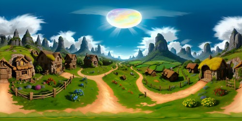 VR360 Shire-inspired scene, emerald hills, cotton candy clouds, quaint hobbit burrows.  Masterpiece aesthetic, detailed textures, ultra-high resolution. Mesmerizing VR360 panoramic view, radiant sunsets, twinkling fireflies. Vivid colors, soft Pixar-style rendering.