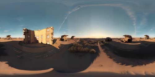 High-resolution VR360 masterpiece, scorched desert expanse post-nuclear war. Wrecked, sand-encrusted ruins, desolate post-apocalyptic scene. Windswept dunes, subtle evening illumination. VR360 view, remnants of lost civilization, fading into obscurity. Soft echoes of departed eras saturating the scene.