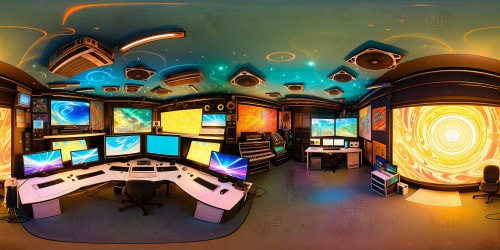 An impeccable, detailed rendering of a futuristic anime production studio, lined with vibrant posters, glowing computer screens, scattered pencils, and swirling digital graphics in ultra-high resolution, capturing the essence of creative energy and innovation.