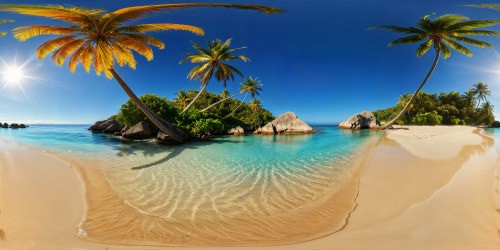 An immaculate tropical beach with flawless golden sands, crystal clear azure waters, vibrant palm trees swaying in the gentle sea breeze, dazzling sunlight casting shimmering reflections on the tranquil surface, ultra high resolution capturing every grain of sand and ripple of water.