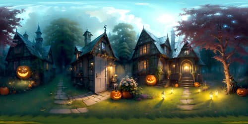 VR360 masterpiece: Halloween-themed yard, best quality, ultra high resolution. Spectral pumpkins, shadowy trees, cobweb-draped fences. Election signs, a creative twist, VR360. Gothic art-inspired, rich colors, detailed textures.