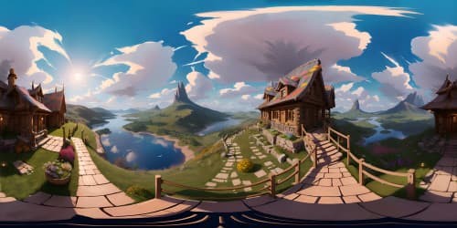 cabin on a hill over looking a field of colorful flowers and distant lake with autumn leaves sunset in the horizon skyview