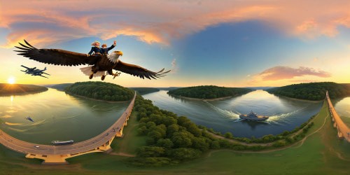 George Washington crossing the Potomac River while an eagle battles a spaceship overhead.