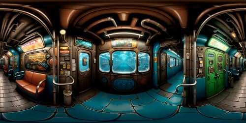 Ultra high-res subway, masterpiece quality. Rusty tracks, neon graffiti murals, exquisite decay in VR360. Futuristic grungy feel, light reflections on worn tiles. Sweeping subway tunnel perspective in VR360, major Pixar-style artistry.