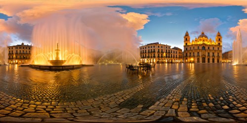 An exquisite, ultra-high-resolution portrait of a bustling city square at dawn, intricate architecture bathed in soft golden light, wet cobblestones gleaming, ornate fountains gushing, draped with morning mist, a sight of unparalleled perfection for detailed exploration.