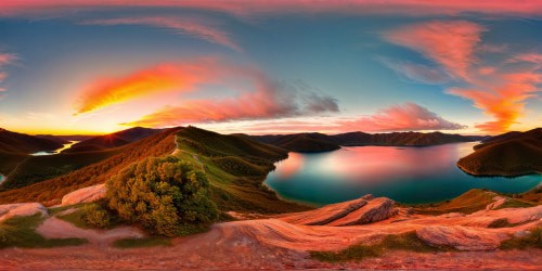 A flawless, ultra-high resolution masterpiece showcasing a serene lakeside at sunset, surrounded by isolated rolling hills, with the sky painted in warm hues of orange and pink, casting a tranquil and peaceful atmosphere over the shimmering waters.