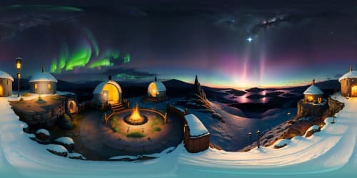 Pixar-style VR360 masterpiece, ultra HD. Comforting glamping dome detail, radiant fireplace warmth for subtle focus. Expansive VR360 view, aurora-lit night sky spectacle, shimmering shooting stars. Fresh, deep snowfall enriching the outside panorama.