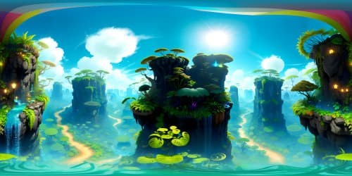 VR360 Pandora jungle, Avatar-inspired, lush bioluminescent flora, towering alien trees. Floating mountains, cascading waterfalls. Oddly-shaped, vibrant creatures. Ultra-high res, sublime quality, digital masterpiece style.