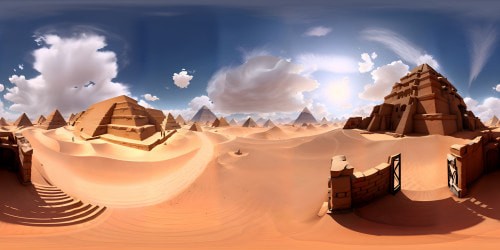 Egyptian pyramids in desert landscape