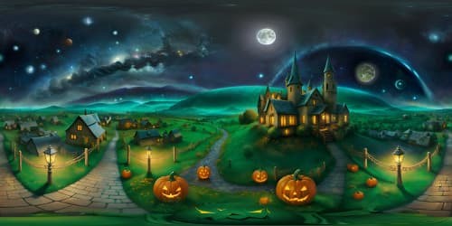 Vincent van Gogh's Starry Night, Halloween rendition, ultra-high-resolution, VR360 scene. Countryside vista drenched in ethereal moonlit charm, supernatural enigma. Pumpkins scattered, haunted house silhouette. Star-studded, swirling night sky, unmistakable Van Gogh style. Blend of digital painting, impressionism.