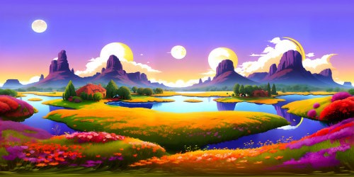 VR360 masterpiece, ultra-high definition, dusk-infused meadow, swan silhouettes in serene pond, distant majestic mountains, saturated purples and fiery oranges of twilight. Imagery blends realism with digital painting style for VR360 meadow visual splendor.