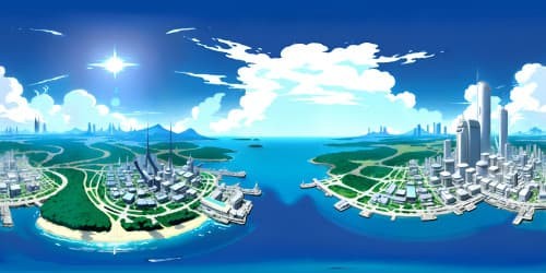 Final Fantasy VII-inspired, ultra-high-resolution VR360, Midgar metropolis skyline, colossal Mako reactors towering, vibrant Lifestream flow beneath. Anime-style, meticulous detailing, masterpiece strokes, VR360 cityscape panorama.