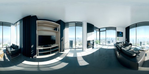 Top-quality, ultra HD VR360 perspective, skyline panorama, futuristic utopian cityscape, advanced metropolis. VR360 interior, sleek living room, floor-to-ceiling glass windows, city views. Modern masterpiece art style, luminescent night ambiance, sparkled with neon highlights.