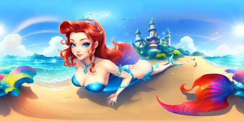 Ariel the mermaid swimming in the sea, with her head above water, cute