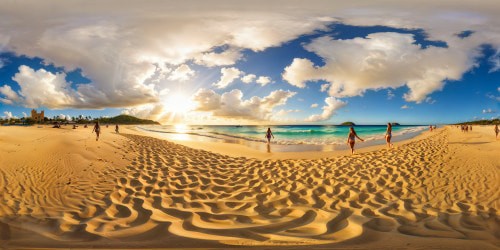 A flawless, ultra high-resolution masterpiece showcasing a stunning beach with shimmering golden sand kissed by azure waves, people enjoying a leisurely swim, and intricate sand castles rising along the shore under a brilliant sunny sky.