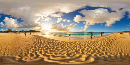 A flawless, ultra high-resolution masterpiece showcasing a stunning beach with shimmering golden sand kissed by azure waves, people enjoying a leisurely swim, and intricate sand castles rising along the shore under a brilliant sunny sky.