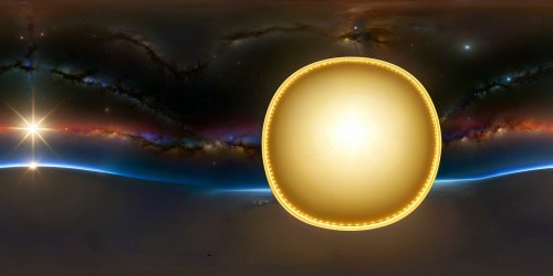 STANDING INSIDE A VERY LARGE GOLD COLOURED CIRCLE, ABOVE THE UNIVERSE. A   SUPER BRIGHT GOLD COLOURED STAR SHINES DOWN FROM ABOVE ME.