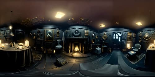 Masterpiece quality, ultra high-res VR360 scene. La Mort, skeletal figure cloaked in darkness, cosmic backdrop. Decay elements, surreal art style influencing VR360 view.