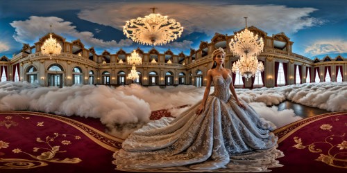 An opulent, lavishly decorated ballroom filled with enchanting beings, shimmering in elegant gowns under cascading crystal chandeliers, detailed lacework, costumed perfection.