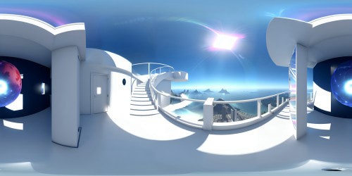 Ultra high-resolution, VR360 masterpiece, optical illusions in 3D, strategic play between light, shadow, depth. Geometric shapes, gravity-defying constructs, endless staircases, mind-bending space curvature. Mirrored surfaces, dazzling detailing, textured surfaces in VR360 view. Soft color gradients, prismatic hues, holographic shimmer, visually stunning.