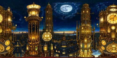 An enchanting steampunk cityscape with towering clockwork skyscrapers, intricate brass ornamentation, glowing gaslamp streetlights, and intricate gear mechanisms under a moonlit starry night sky, a highly detailed and ultra high-resolution artistic masterpiece.