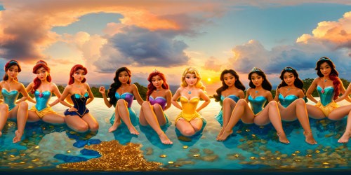 A flawlessly detailed, ultra high-resolution depiction of Disney princesses lounging by a crystal-clear pool adorned with shimmering gemstones, surrounded by lush, vibrant gardens under a golden sunset, a scene so perfect it feels straight out of a fairytale.