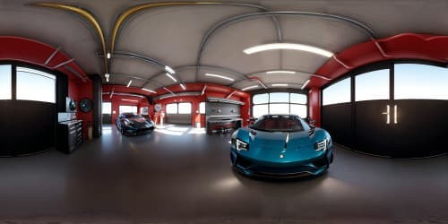 Masterpiece quality, ultra-high-resolution VR360 scene, Japanese cars collection in an automobile garage. Expansive, industrial-style space, meticulous detail, sleek lines, gleaming chrome, reflective surfaces. Anime-inspired, vibrant colors, soft lighting.
