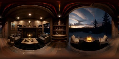 Masterpiece VR360 cabin scene, ultra-high res, glowing fireplace, unspoiled woods surrounding. Futuristic VR360 cityscape vista, gleaming towers backdrop. Style: blend of rustic coziness, cutting-edge futurism. Enhancements: iridescent city lights, star-studded sky, cabin contours in warm firelight.