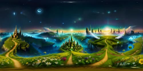 Ultra-high res VR360, masterpiece-style, Emerald City from Wizard of Oz at night, glistening green spires, iridescent domes against starry skies, winding Yellow Brick Road stretching toward horizon, subtle glow emanating from city, VR360 vastness of surrounding Land of Oz