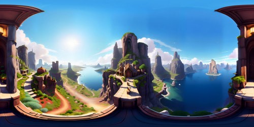 VR360 interior home, ultra-high resolution, rich texture detailing, cozy, warm tones, open-plan layout, minimalist furniture, floor-to-ceiling library, panoramic windows revealing a VR360 skyline view, softly-lit ambiance, clean lines, digital painting style.