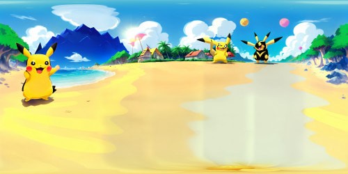 pikachu on a beach,blue sky,charizard flying in the sky