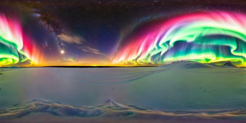 A flawless, ultra-high resolution masterpiece capturing the mesmerizing polar lights swirling with a distant star in the expansive northern sky, casting an ethereal glow over a pristine winter landscape, creating a breathtaking celestial display.