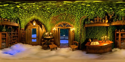 Impeccable interior of a mystical hedge witch's cottage, gleaming crystal orbs, shelves crammed with aged spell tomes, ethereal wisps swirling about, elaborate tapestries draping the walls, flickering candlelight bathes in gold hues, illuminating gleaming wooden floors, evoking a mesmerizing aura of enchantment.