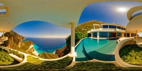 An exquisite, flawlessly detailed mansion nestled on the edge of a towering seaside cliff, surrounded by a meticulously manicured emerald garden, overlooking the endless azure expanse below, with a flawless blue sky stretching above in ultra high resolution.