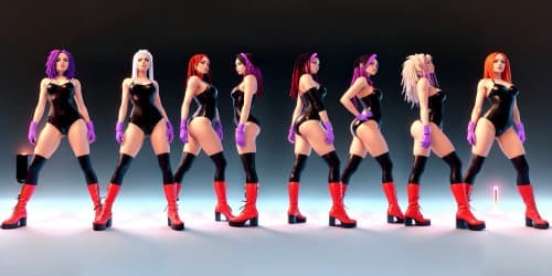 four african american women_wearing white and red leotards and thigh high boots_one woman has purple dreadlocks_