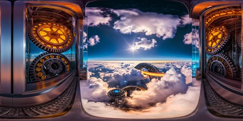 In a futuristic chamber, intricate metallic gears gleam under pulsating neon lights, casting a surreal glow on towering, polished panels, reflecting a digital landscape through a shimmering portal.