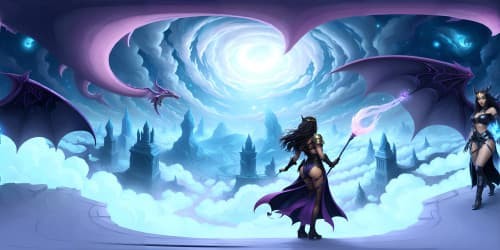 black female sorceress riding a winged dragon spitting ice shards in a fantasy landscape. the sorceress holds a flaming staff. one sorceress is african american with dreadlocks. no wings.wearing capes.three of them. one is nude.